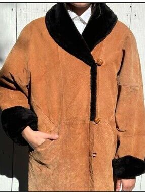 R.Z.R Womens Leather Coat Lined, Pockets Faux Fur Brown With Black Trim